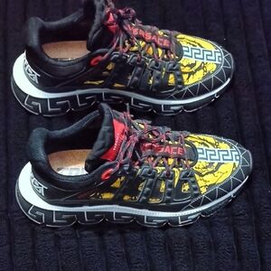 Versace Black, Yellow & Red Graphic Low-Top Sneakers
